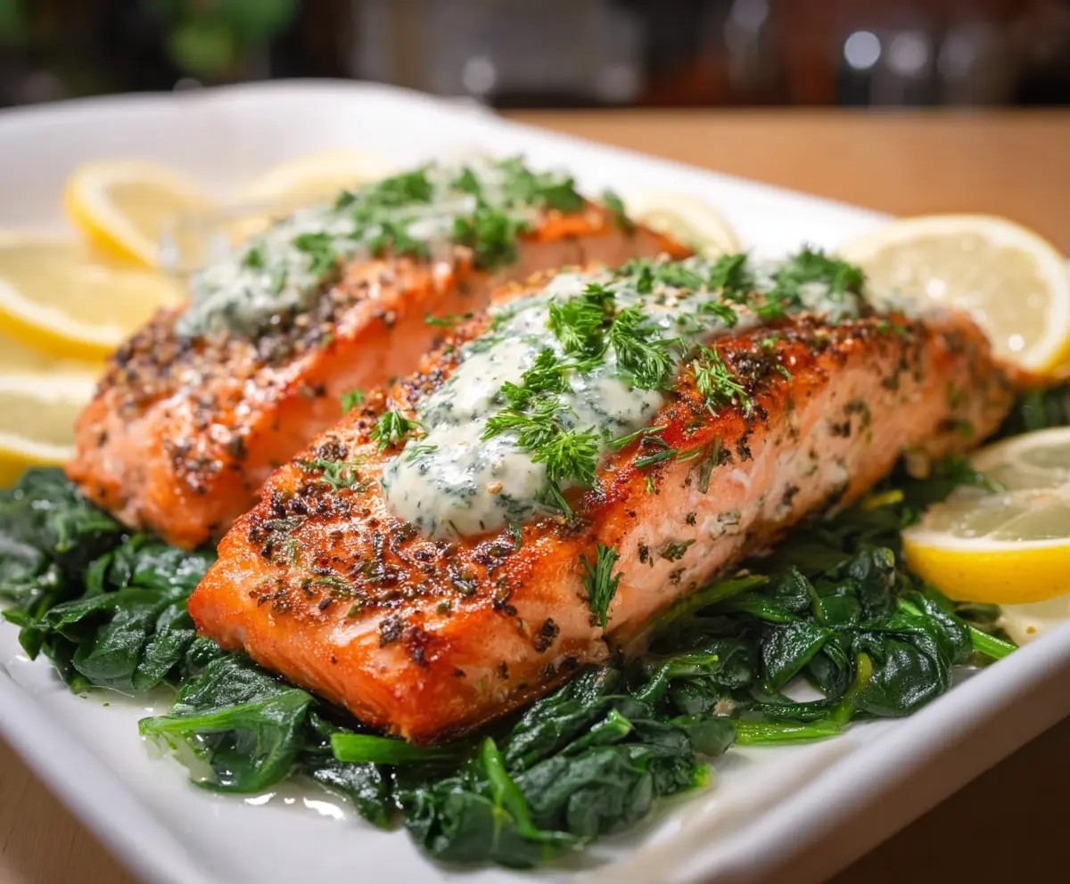 Delicious baked salmon topped with fresh spinach and herbs on a plate.
