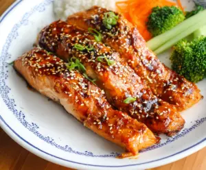 Delicious baked teriyaki salmon served with fresh vegetables on a dinner plate.