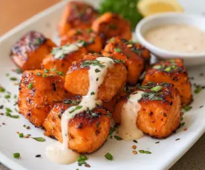 Delicious Bang Bang Salmon Bites served on a plate, showcasing crispy air fryer salmon with spicy mayo sauce.