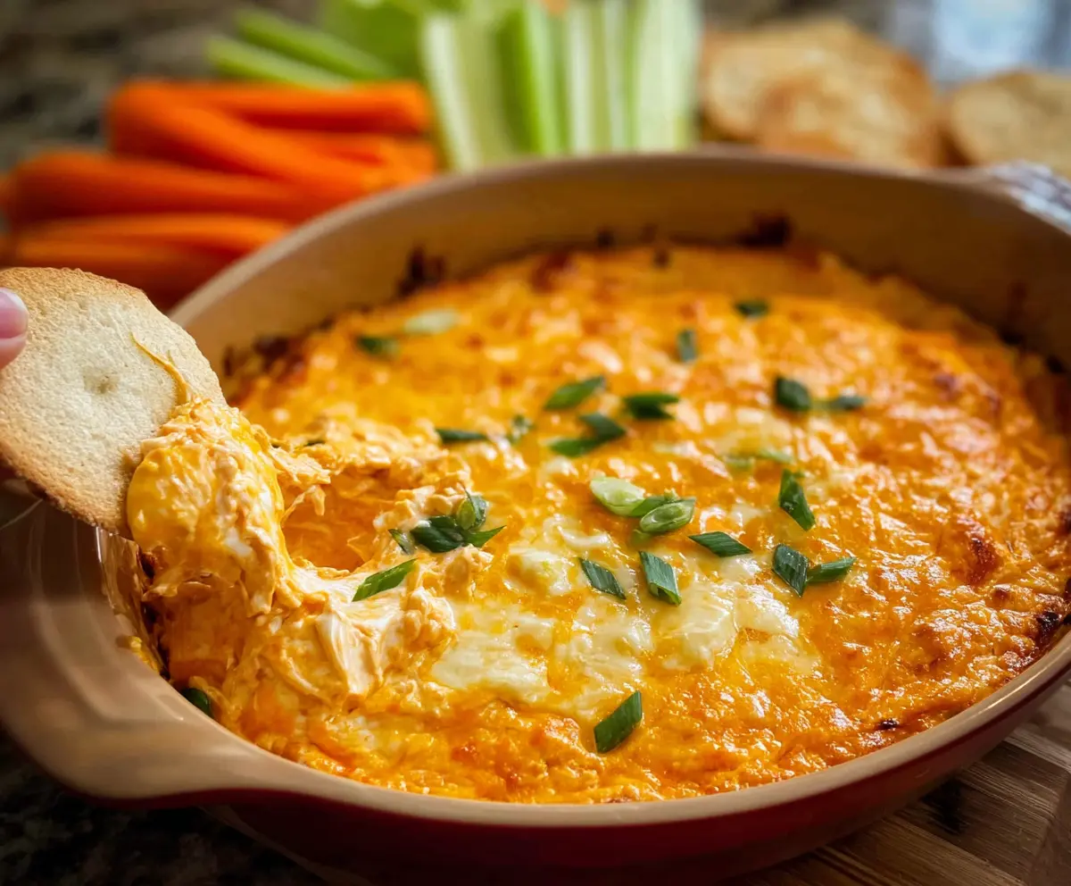 Creamy and spicy Buffalo Chicken Dip served in a bowl with celery sticks and tortilla chips
