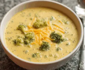 Heaping bowl of creamy cheesy broccoli soup with melted cheese topping.