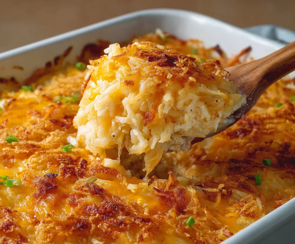 Delicious cheesy hashbrown casserole with melted cheese and crispy topping ready for serving.