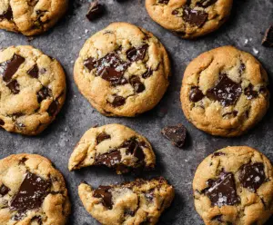 Freshly baked chocolate chip cookies with gooey chocolate chunks on a rustic wooden surface.