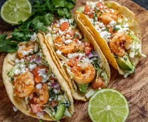 Delicious cilantro lime shrimp tacos served with fresh cilantro and lime wedges on a plate.