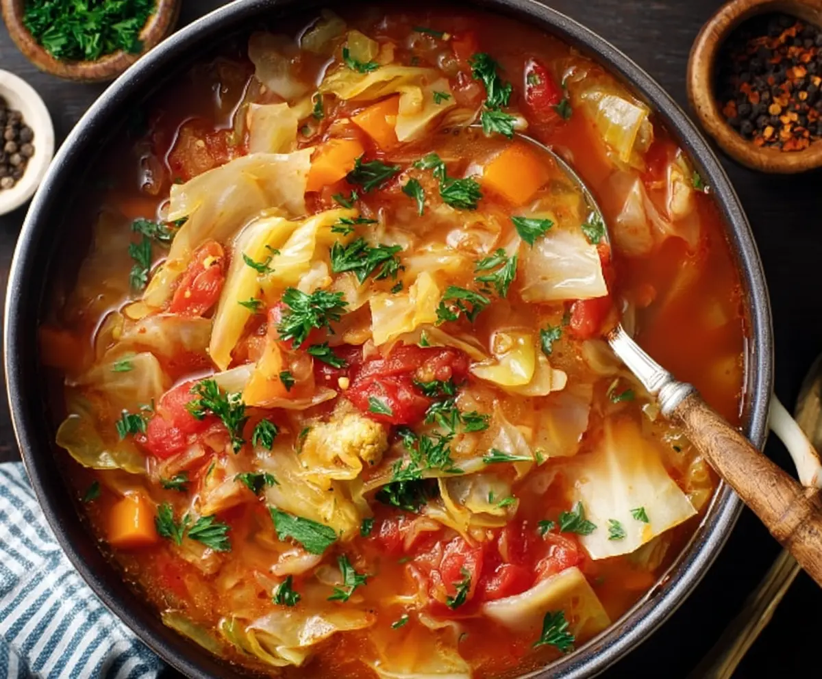 Bowl of Classic Cabbage Soup with fresh ingredients and herbs on a rustic wooden table