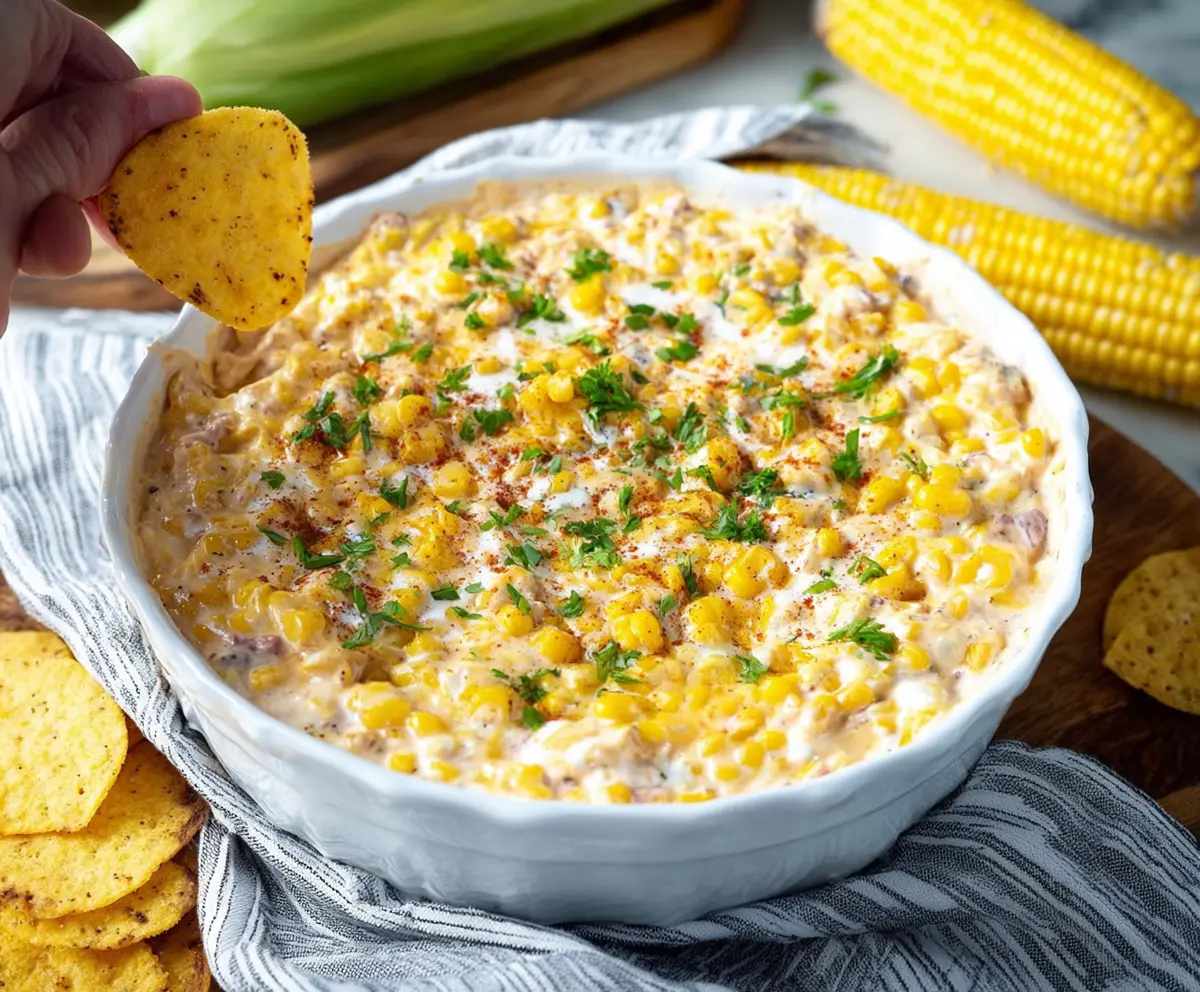 Delicious creamy corn dip served in a bowl, garnished with herbs, perfect for snacks or parties.