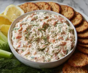 Creamy smoked salmon dip garnished with fresh lemon slices and herbs, perfect for appetizers and parties.