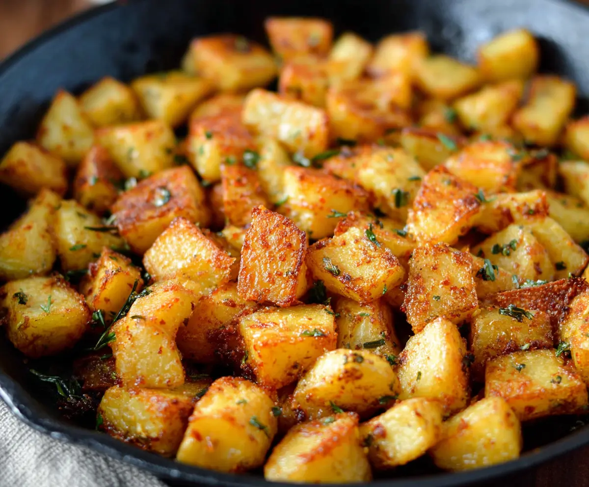Golden crispy breakfast potatoes served with fresh herbs and seasoning.