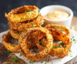 Golden crispy keto onion rings served as a low carb appetizer on a white plate.