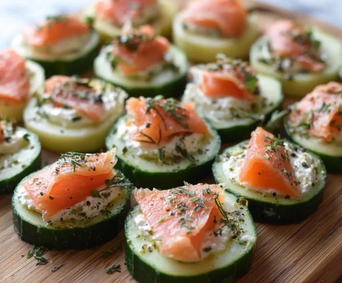 Delicious cucumber bites topped with smoked salmon, perfect for appetizers and party snacks.