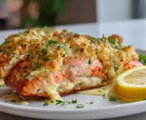 Savory Crab and Shrimp Stuffed Salmon served with fresh herbs and lemon wedges