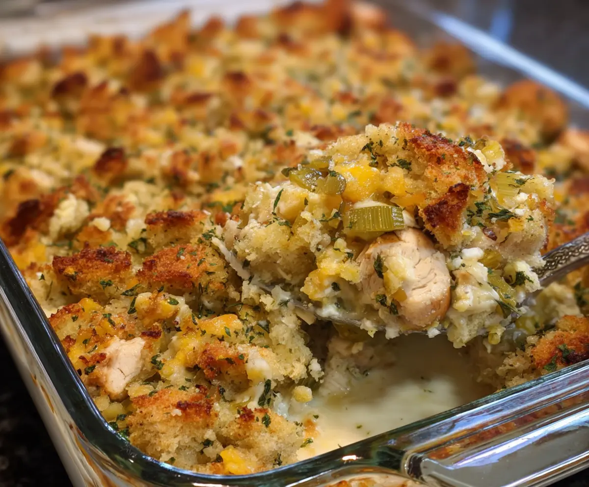 Delicious Easy Chicken and Stuffing Bake served hot with golden crust and tender chicken pieces.