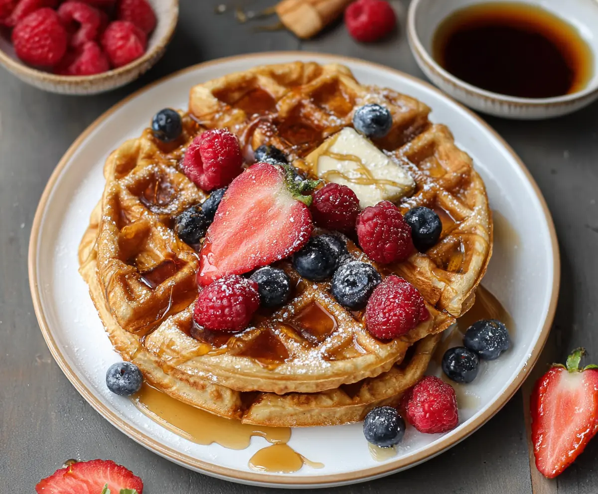 Delicious healthy protein waffles topped with fruit, featuring a high-protein recipe with 45 grams of protein per serving.