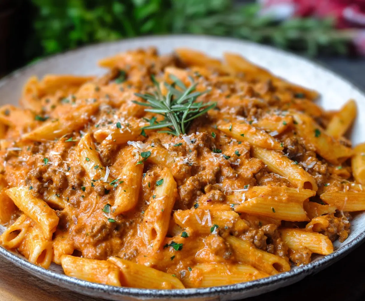 Creamy beef pasta dish with high protein content, served on a plate with fresh herbs.