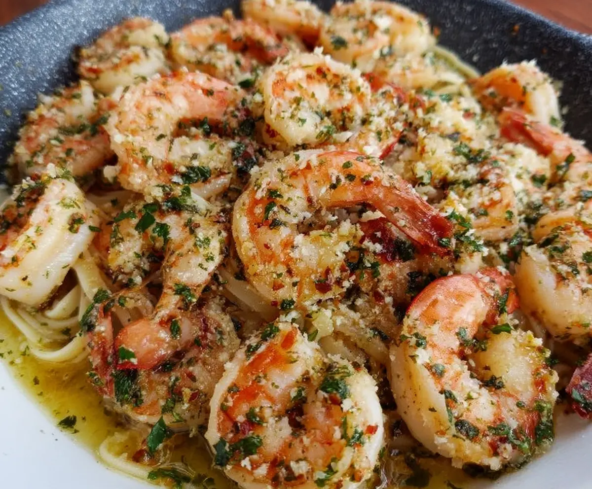 Delicious Easy Red Lobster Shrimp Scampi served on a plate with lemon and herbs