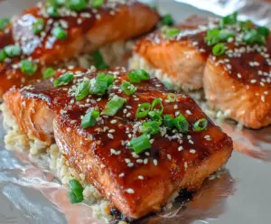 Delicious glazed teriyaki salmon with a shiny sauce, served on a plate with vegetables.