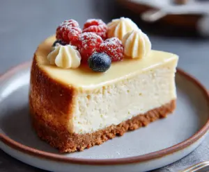 Delicious healthy cheesecake topped with fresh fruit, containing only 100 calories.