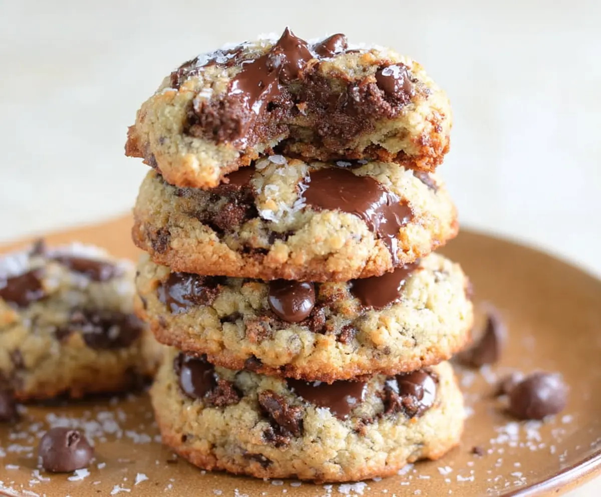 Delicious homemade healthy chocolate chip cookies with a golden-brown crust and melty chocolate chips.