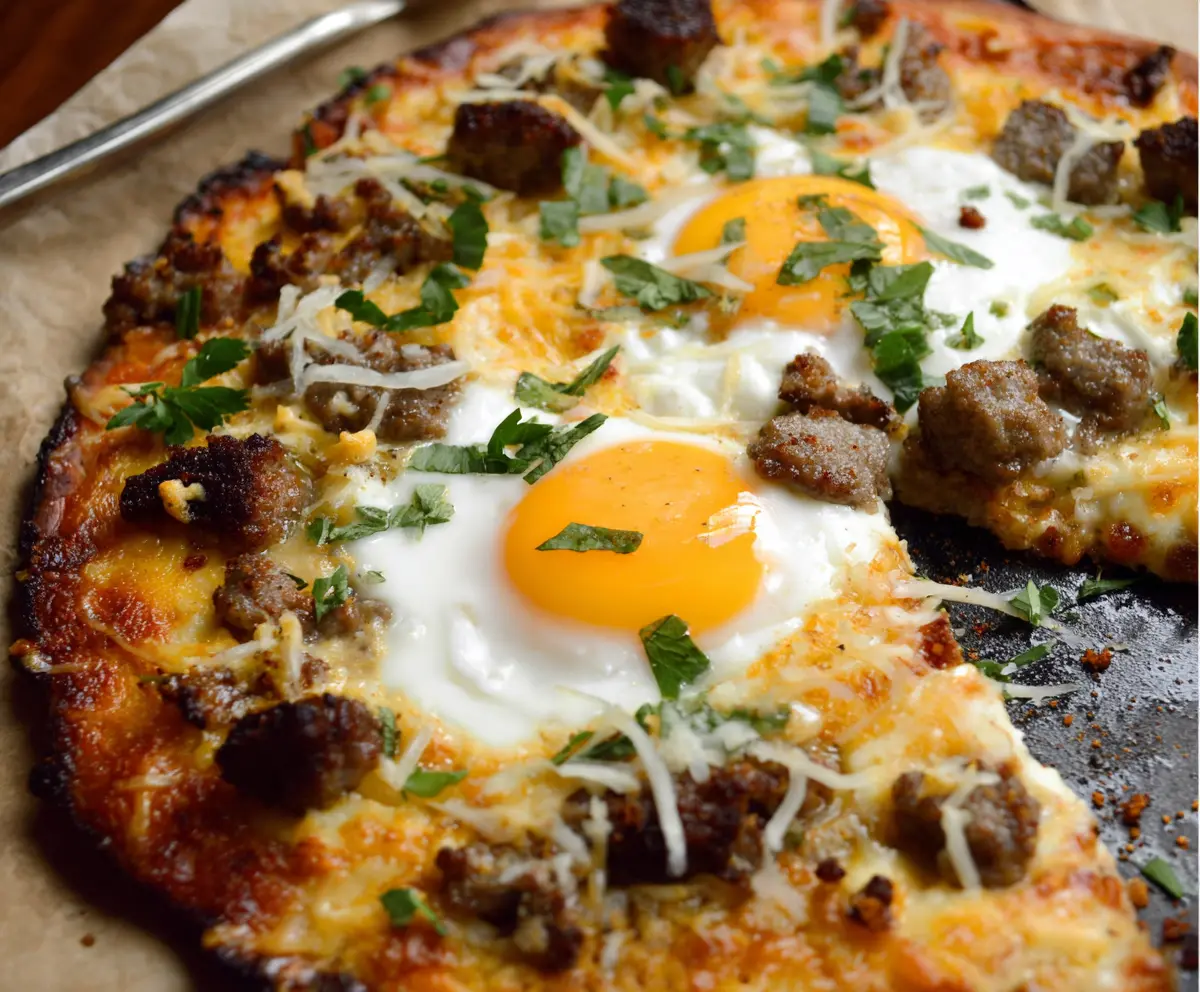 High protein sausage and egg breakfast pizza served on a plate.