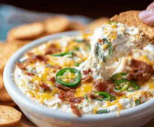 Creamy Jalapeño Popper Dip topped with melted cheese and fresh jalapeño slices, perfect for snacking or parties.