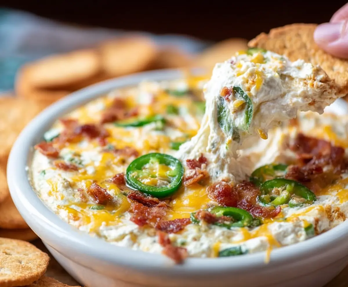 Creamy Jalapeño Popper Dip topped with melted cheese and fresh jalapeño slices, perfect for snacking or parties.