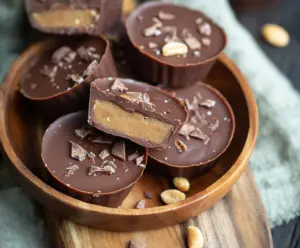 Delicious keto peanut butter chocolate fat bombs served on a white plate, perfect low-carb treat for keto diet lovers.