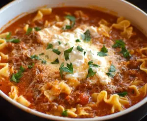 Delicious homemade lasagna soup in a crockpot, garnished with fresh basil and melted cheese