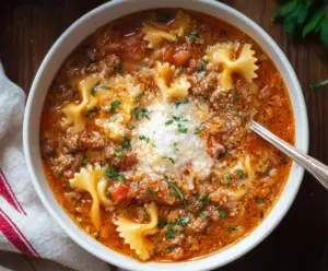 Delicious homemade lasagna soup with layers of cheese and savory broth.