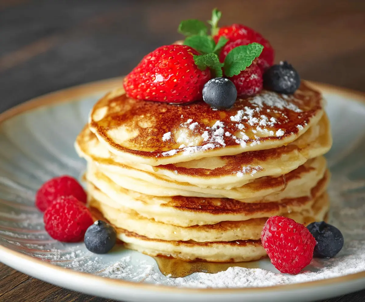 Delicious low calorie skinny pancakes stacked on a plate with fresh berries and maple syrup