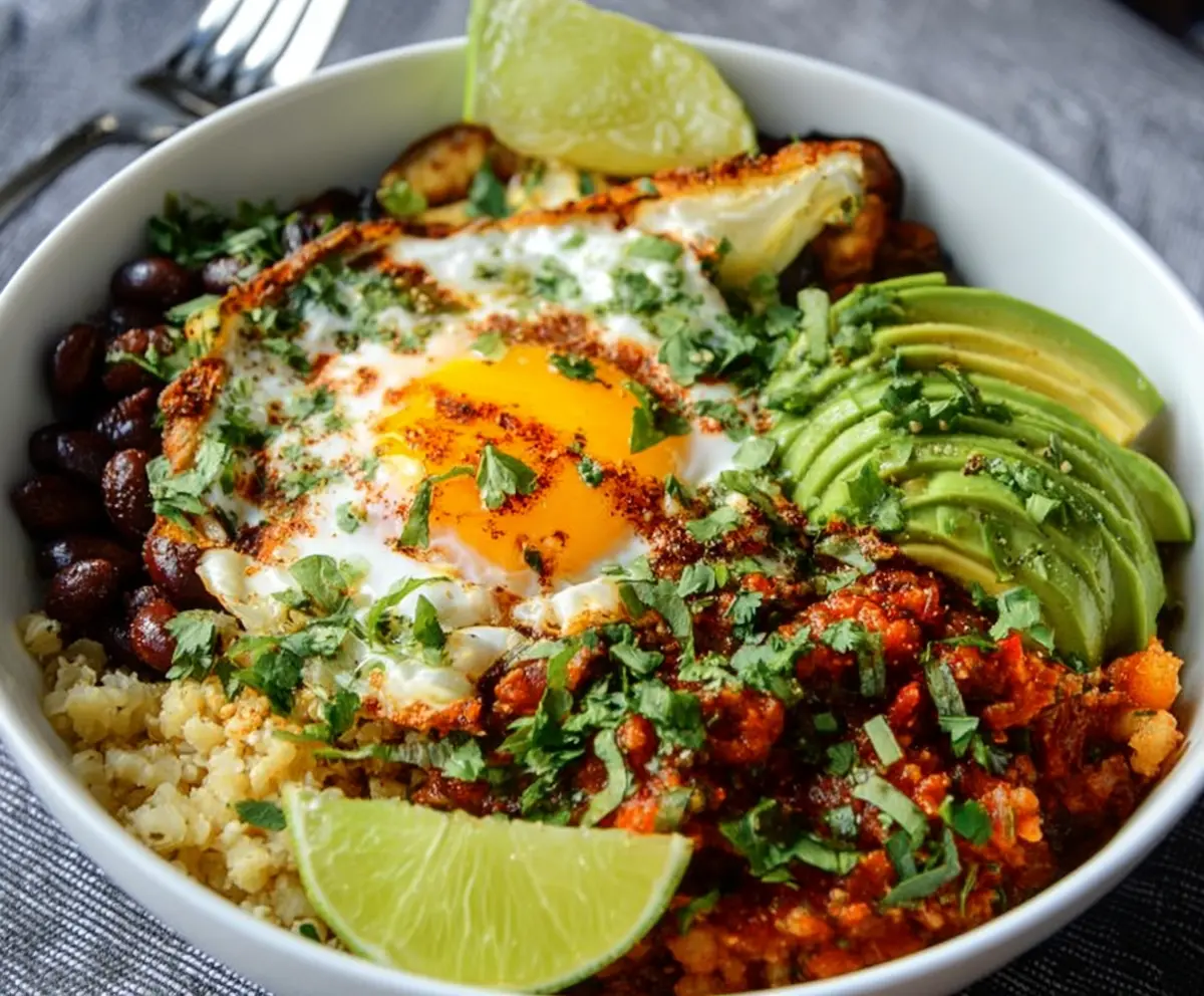 Delicious low carb breakfast burrito bowl with scrambled eggs, avocado, and fresh vegetables