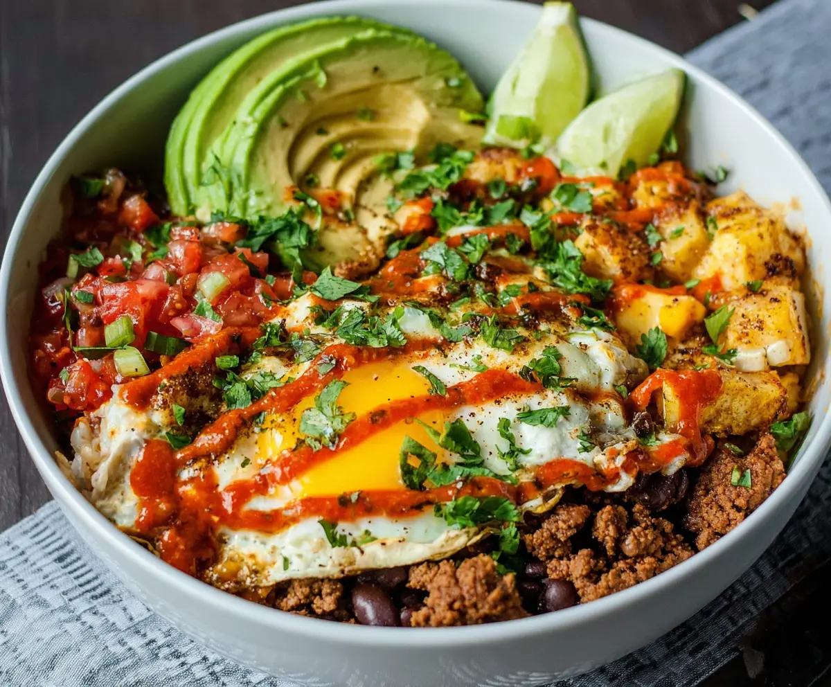 Low carb breakfast burrito bowl with scrambled eggs, avocado, and fresh vegetables in a bowl.