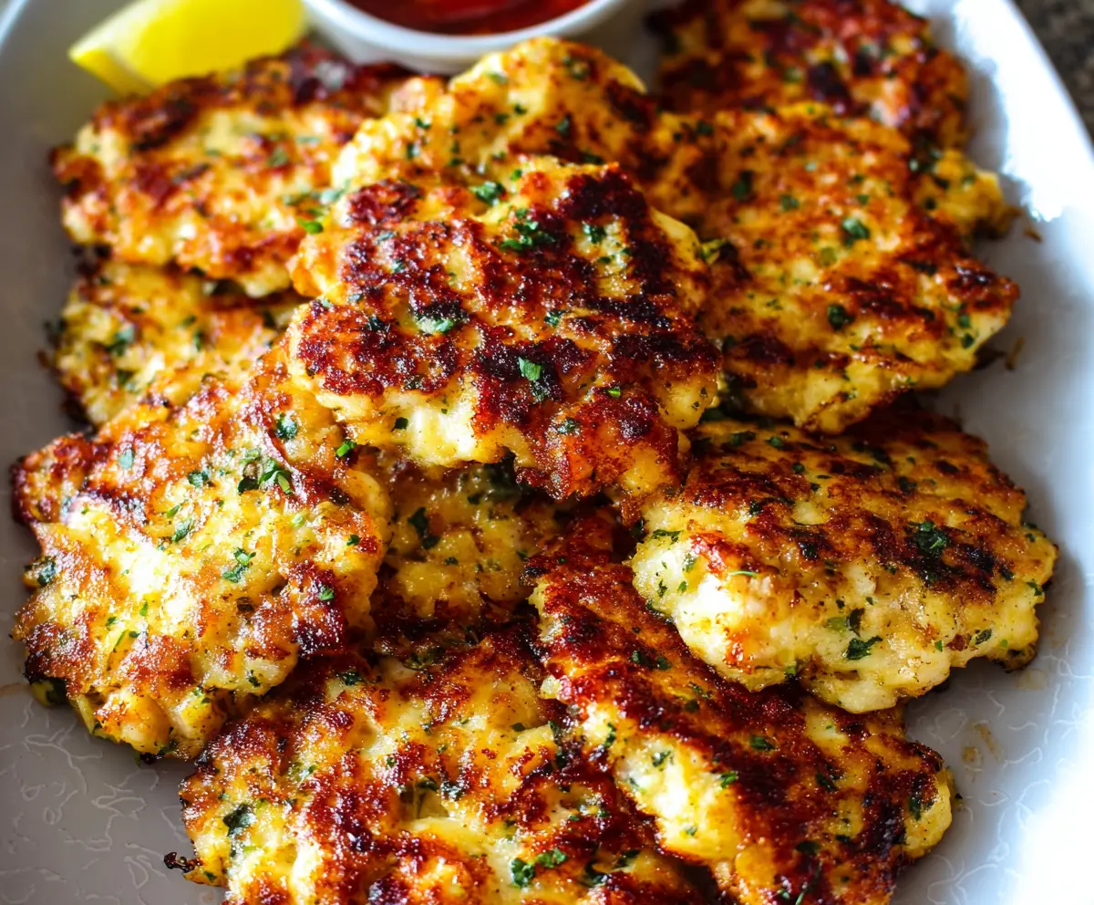 Delicious cheesy chicken fritters served on a plate, perfect for low-carb dinner recipes.