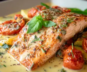 Delicious Marry Me Salmon recipe served with vibrant vegetables on a plate.