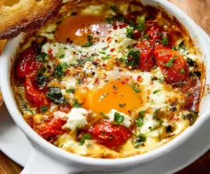 Mediterranean Baked Feta Eggs served with fresh herbs and vegetables, perfect for breakfast or brunch.