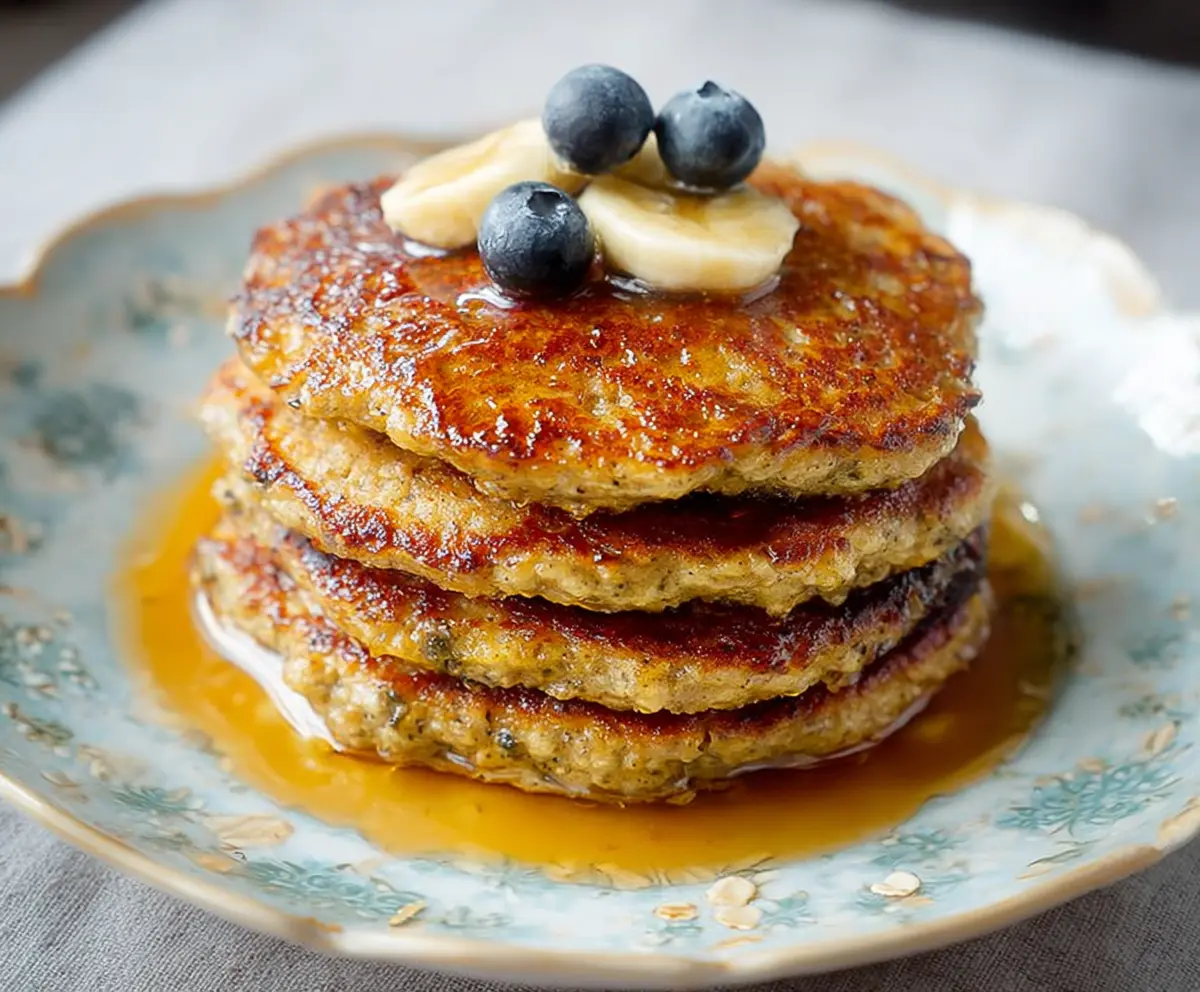 Golden oatmeal pancakes without banana served with fresh berries and maple syrup