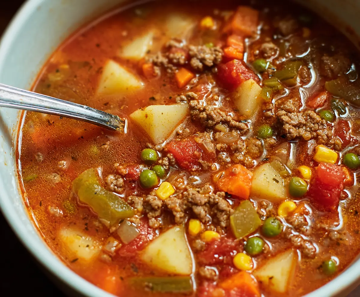 Hearty Old Fashioned Hamburger Soup with vegetables and ground beef in a rustic bowl