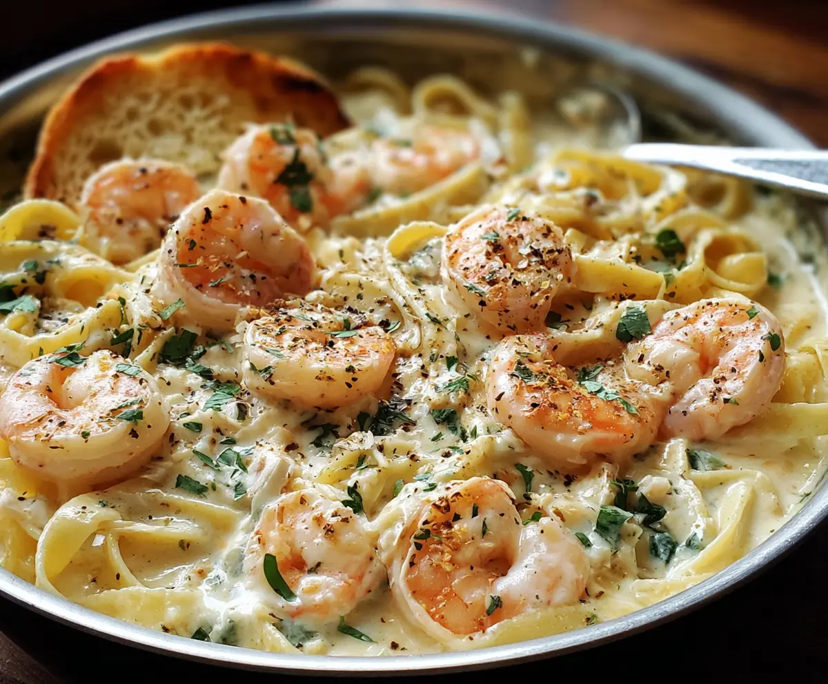 Creamy one pot shrimp and crab Alfredo pasta served in a rustic bowl with fresh herbs.