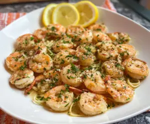 Delicious shrimp scampi served on a plate with garlic and herbs, perfect for any occasion.