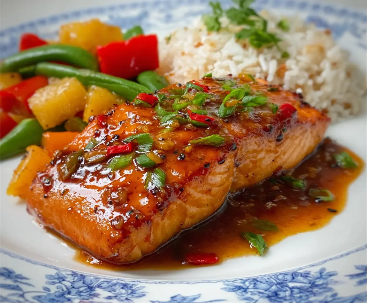 Delicious pineapple glazed salmon served on a plate with fresh vegetables