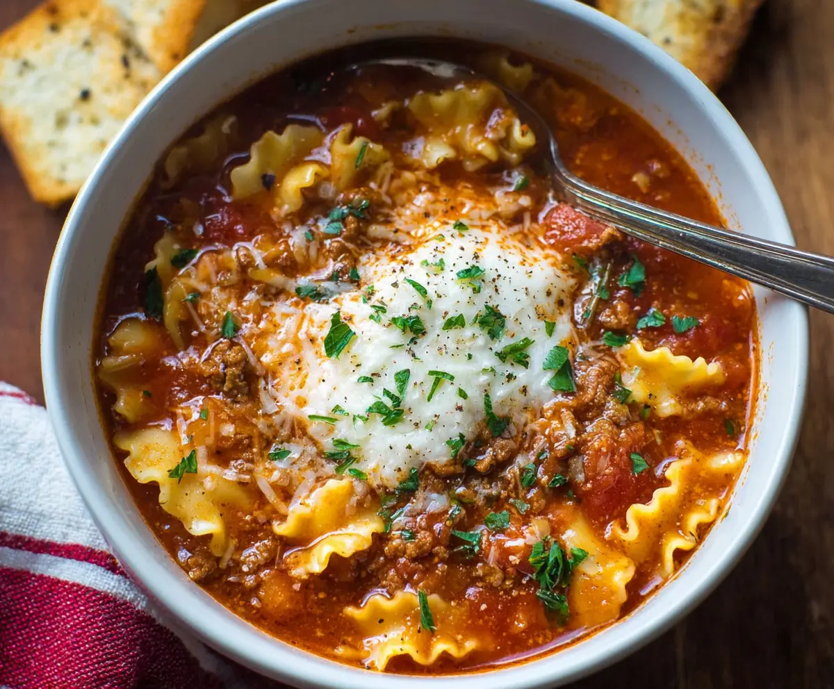 Delicious quick lasagna soup with melting cheese and savory herbs in a bowl.
