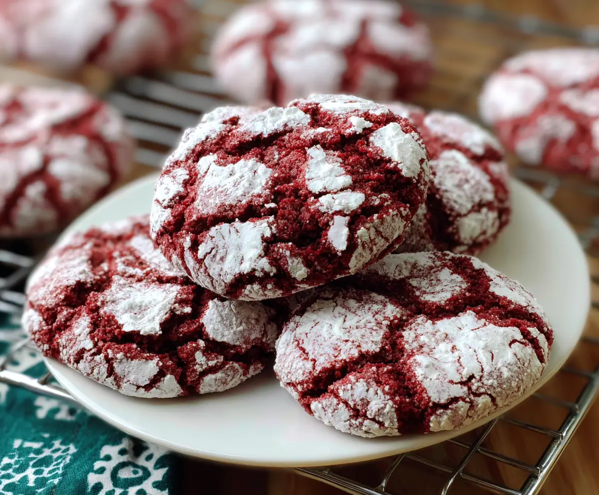 Delicious Red Velvet Crinkle Cookies dusted with powdered sugar, showcasing their soft and moist texture.