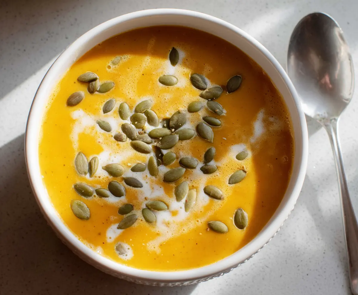 Creamy roasted butternut squash soup garnished with fresh herbs in a white bowl.