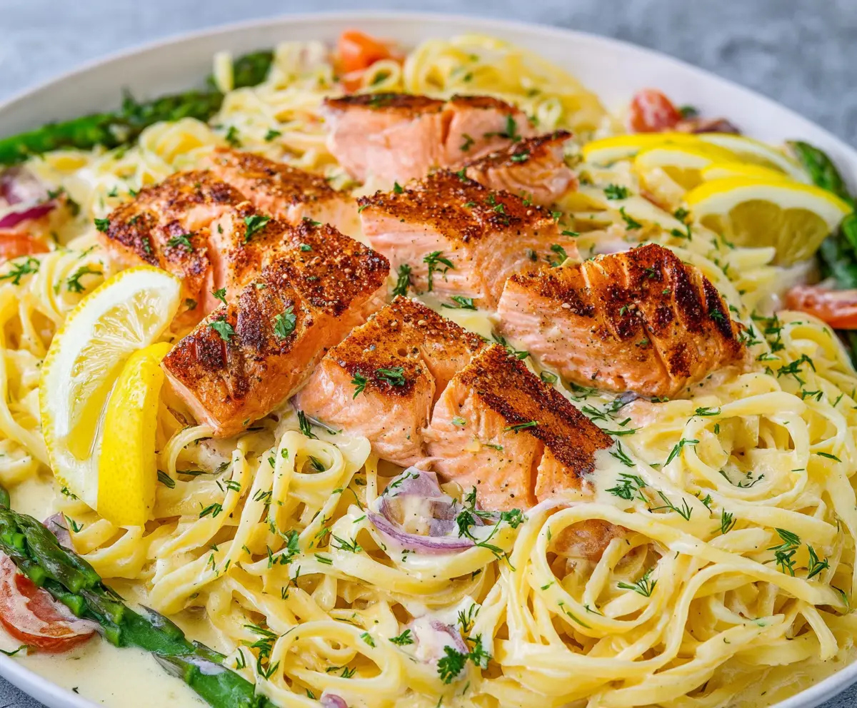 Delicious salmon pasta with a creamy lemon sauce garnished with fresh herbs.