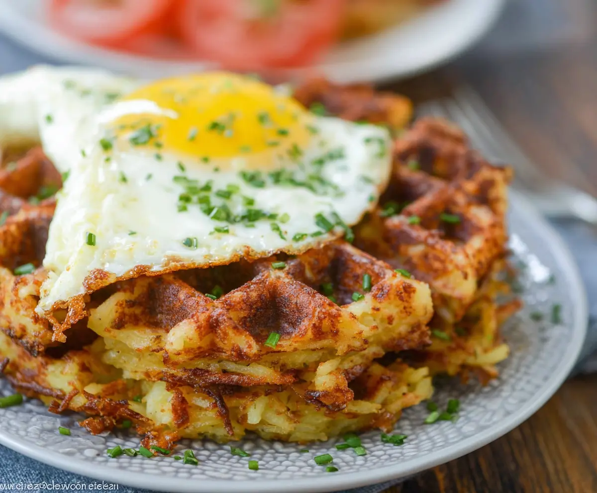 Golden Savory Hashbrown Chaffle on a white plate, perfect for a healthy breakfast recipe.