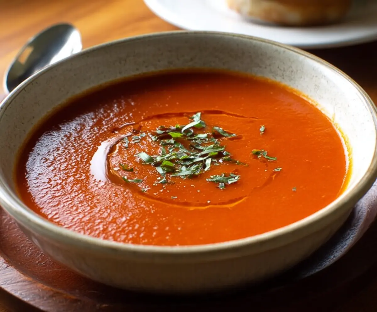 Creamy smooth tomato soup served in a bowl garnished with fresh basil and a drizzle of olive oil.
