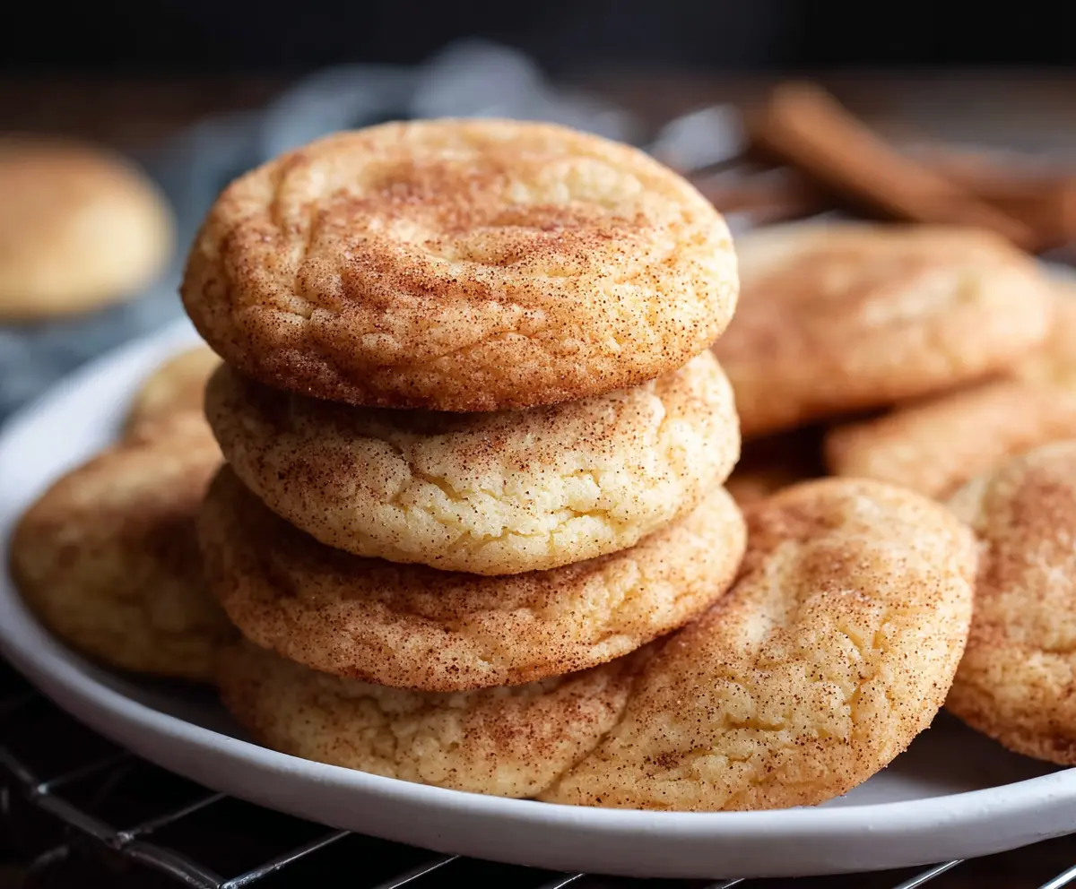 Delicious homemade snickerdoodle cookies with cinnamon sugar coating on a baking tray.
