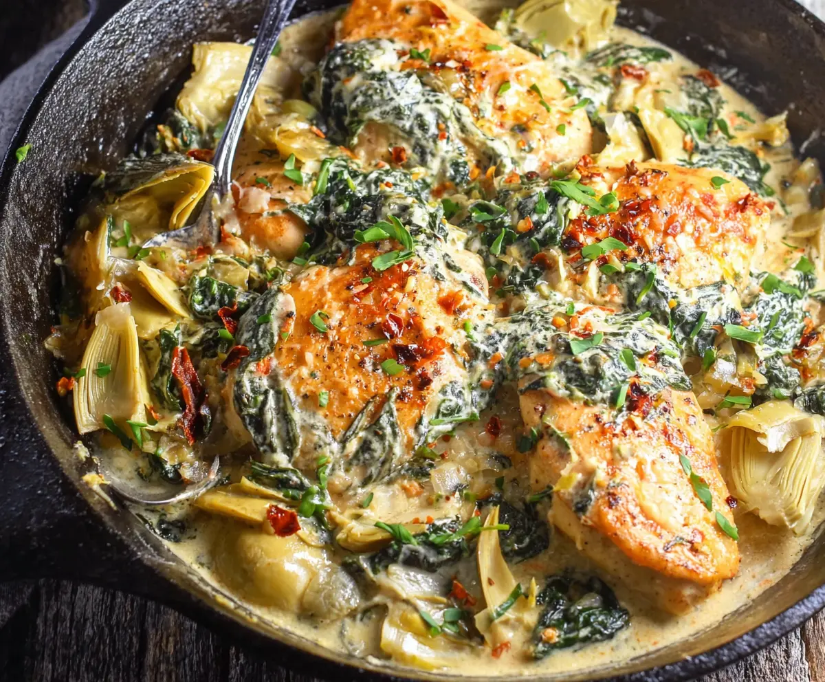 Low Carb Spinach Artichoke Chicken Skillet