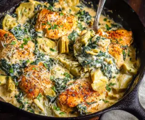 Delicious spinach and artichoke chicken skillet for a healthy low-carb dinner.