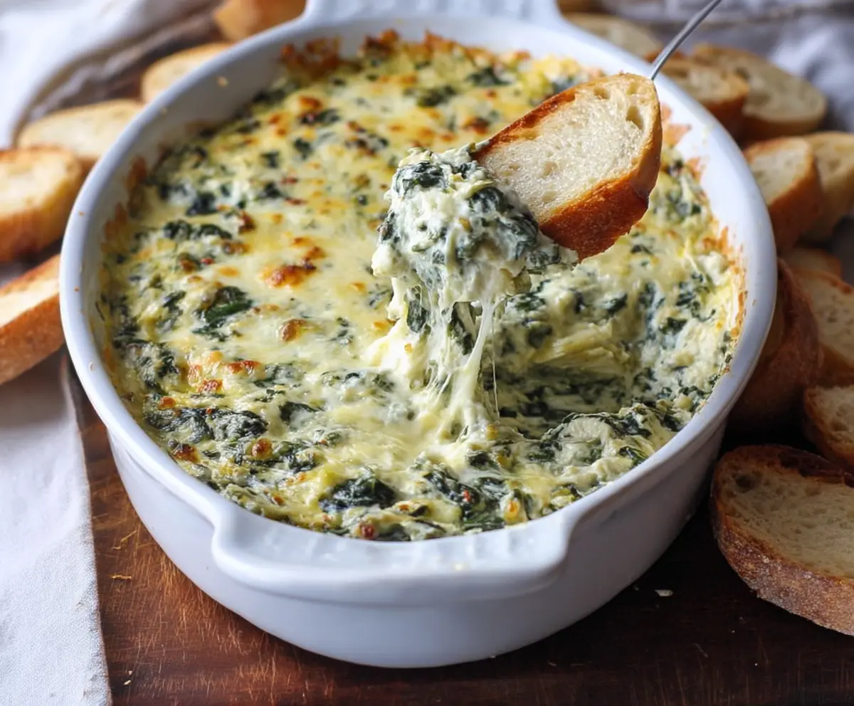 Creamy spinach and artichoke dip served with crackers, perfect appetizer for parties.