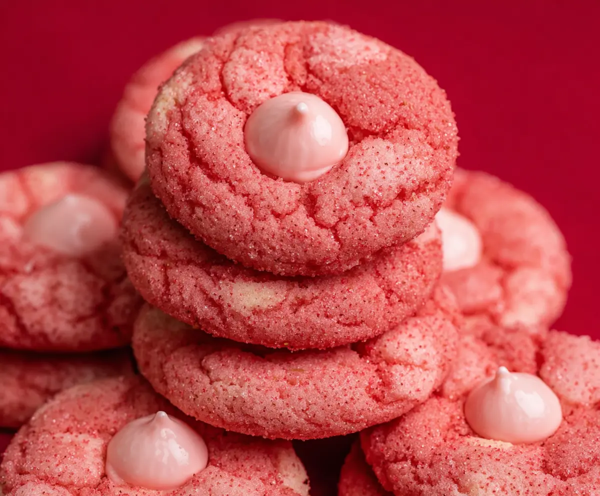 Delicious Strawberry Kiss Valentine Cookies decorated with red icing and heart-shaped sprinkles for a romantic treat.